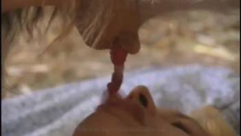 Two pampered attractive chicks bang a fluffy goat