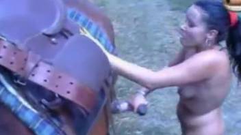 Beast-loving girl with enormous horse cock