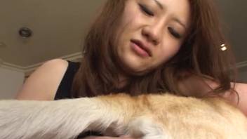 Asian beauty rides a dogs dick on cam