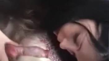 Attractive dark-haired woman fellates her sex toy