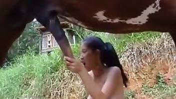 Vaguely Asian babe blowing a horse