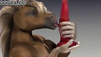 Gorgeous horse is sucking a big red dildo